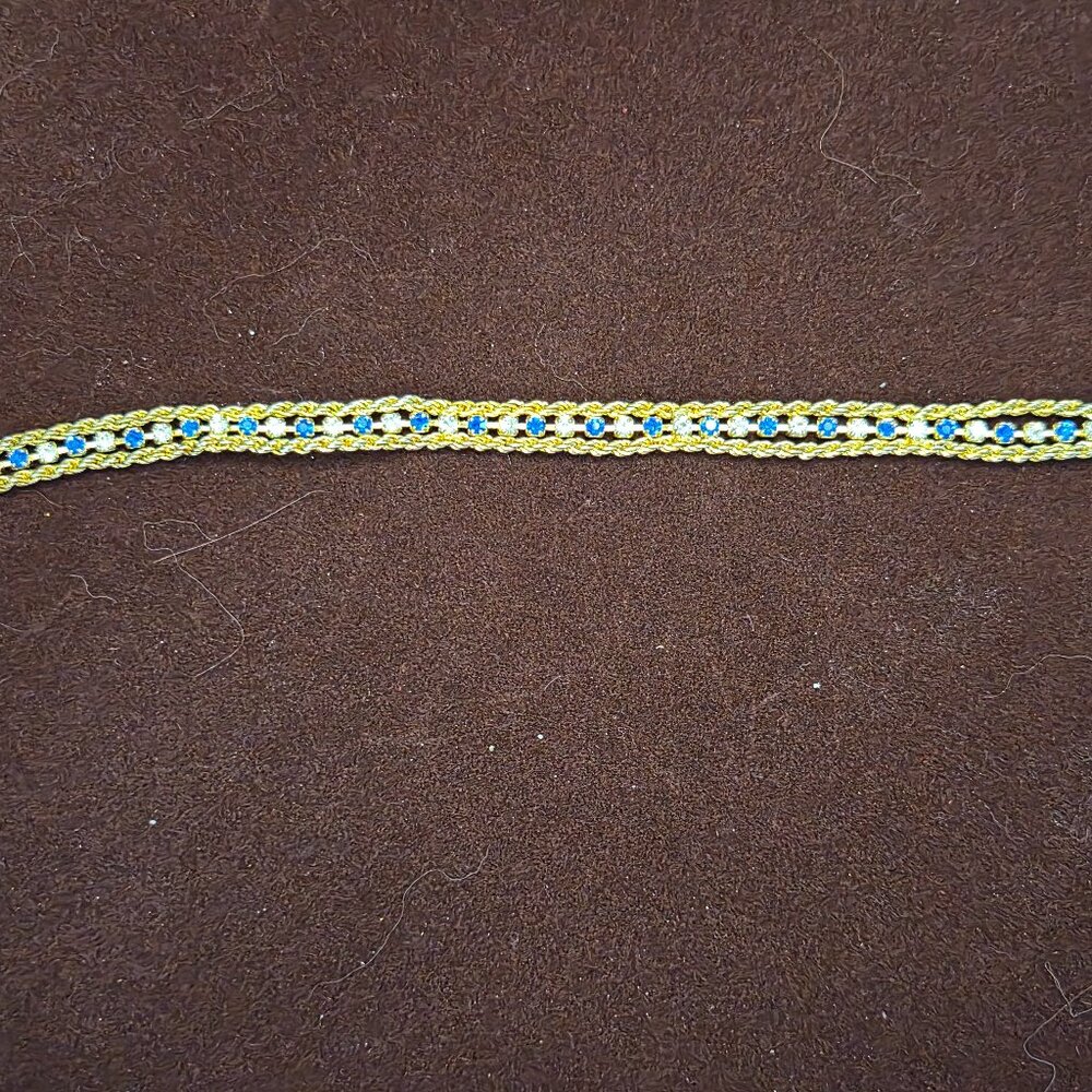 Dainty Vintage Gold Tone Blue & Clear Rhinestone Bracelet 7” Fold-over Clasp